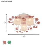 Traditional Floral Glass Ceiling Fixture With Flush Mount For Living Room 3/5 Bulbs In Pink/Green