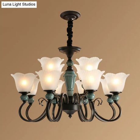 Traditional Flower Shade Ruffled Glass Ceiling Chandelier For Living Room Lighting
