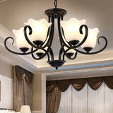 Traditional Flower Shape Frosted Glass Ceiling Chandelier With Black Finish - Ideal For Living Room