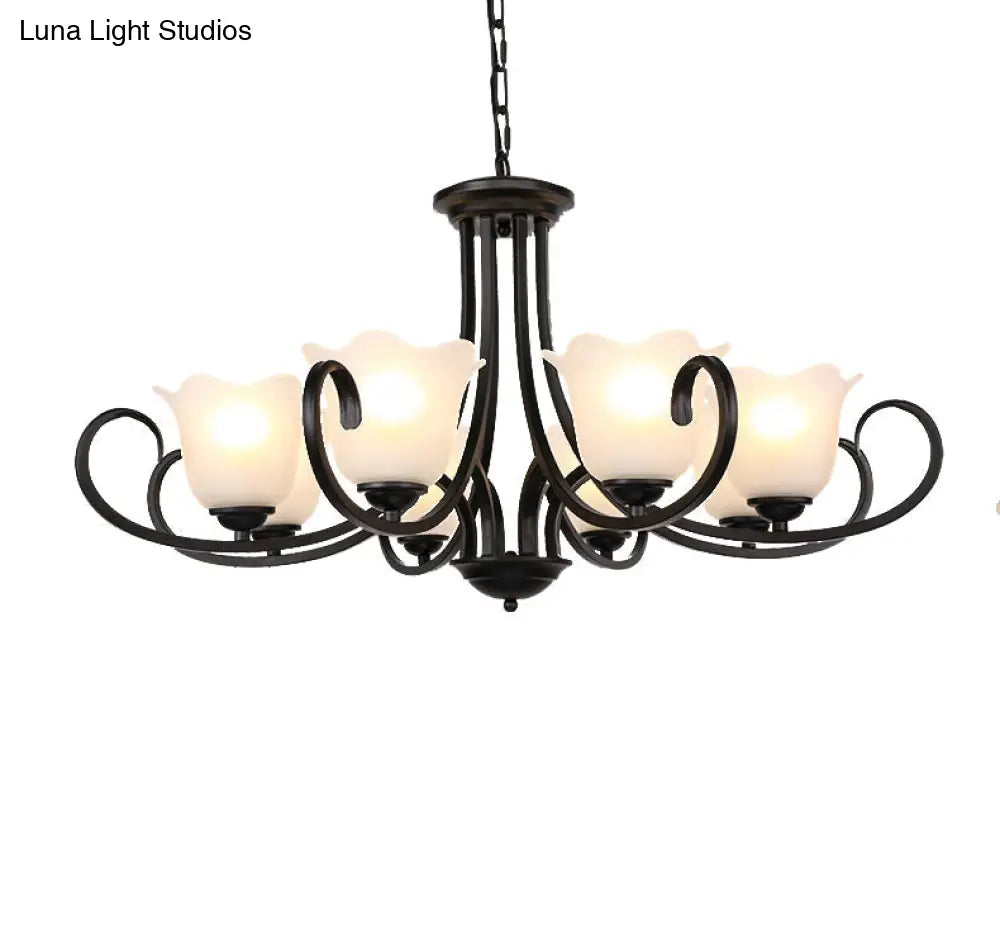 Traditional Flower Shape Frosted Glass Ceiling Chandelier With Black Finish - Ideal For Living Room