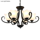 Traditional Flower Shape Frosted Glass Ceiling Chandelier With Black Finish - Ideal For Living Room
