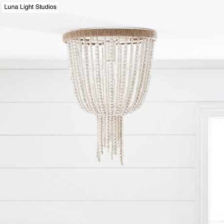 Traditional Flushmount Wood Flush Ceiling Lamp With White Bead Chain - 1 Bulb Bedroom Lighting