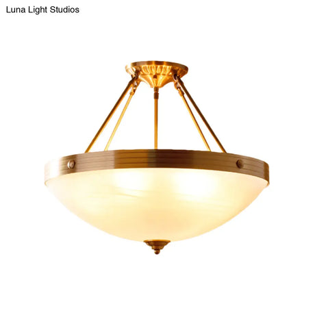 Traditional Frosted Glass Bowl Semi Flush Light - Gold 3 Lights For Dining Room 12’/16’/19.5’ Wide