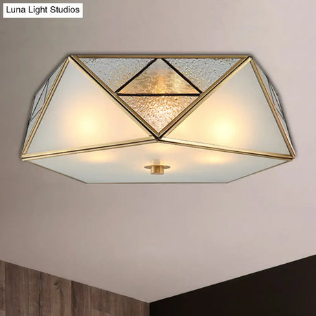 Traditional Geometric Curved Frosted Glass Panel Ceiling Flush Mount - 4/5 Lights Light In Brass
