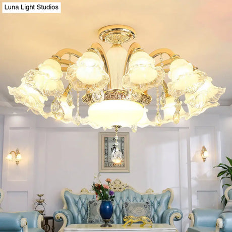 Traditional Glass Chandelier With Gold Floral Shade Ceiling Lighting And Crystal Draping For Living