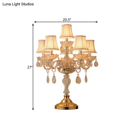 Traditional Gold Crystal Candlestick Table Lamp With White Bell Fabric Shade