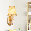 Traditional Gold Finish Bedroom Wall Lamp With Scalloped Fabric Shade