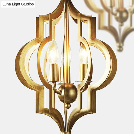 Traditional Gold Metal Hanging Candle Chandelier With Cage For Dining Room - 3 Bulbs 12.5/28 Wide