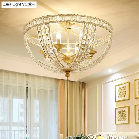 Traditional Gold Semi Flush Mount Ceiling Light With Crystal Strands - 3-Lights