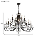Traditional Iron Tiered Candle Chandelier Pendant With Crystal Drops - 6/8/12 Lights Black Hanging