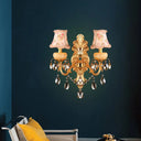 Traditional Metal Double Arm Sconce Light Fixture With Crystal Drop And Fabric Shade - Golden Wall
