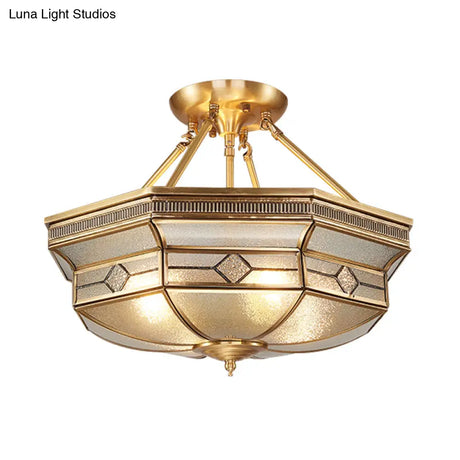 Traditional Octagon Semi Flush Ceiling Light - Textured Glass Brass Finish Ideal For Bedroom