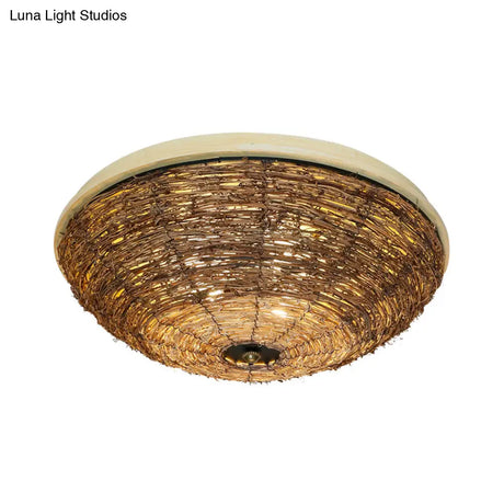 Traditional Rattan Wood Bowl Flush Ceiling Lamp - 3 Bulb Light Fixture 12.5’/16.5’ Wide