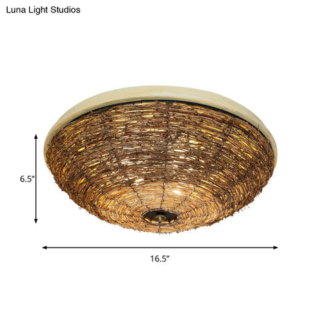 Traditional Rattan Wood Bowl Flush Ceiling Lamp - 3 Bulb Light Fixture 12.5’/16.5’ Wide
