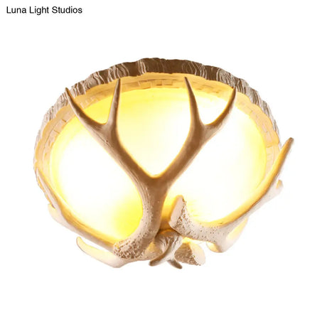 Traditional Resin 3 - Light Brown Ceiling Light Fixture With Antler Deco - Dome Shaped Flush Mount