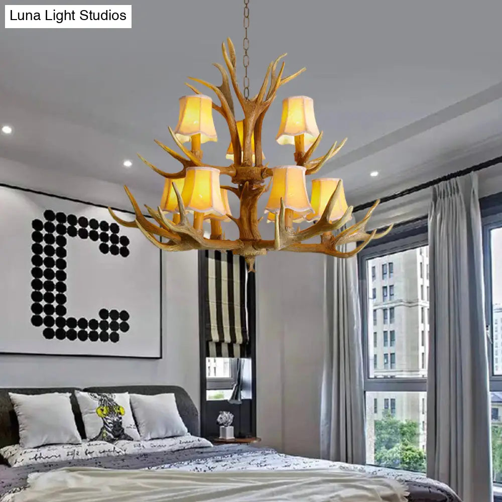 Traditional Resin Chandelier Pendant Light With Antler - Conical Shape Brown Finish 3/4/5 Bulbs