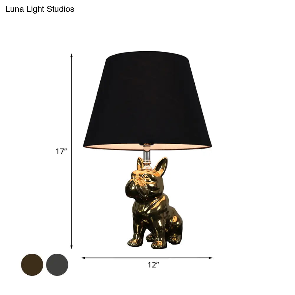 Traditional Resin Dog Nightstand Lamp For Bedroom - Silver/Gold 1 Head Conical Fabric Shade