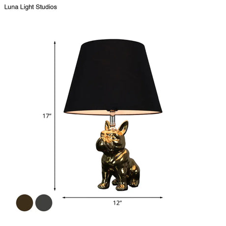 Traditional Resin Dog Nightstand Lamp For Bedroom - Silver/Gold 1 Head Conical Fabric Shade