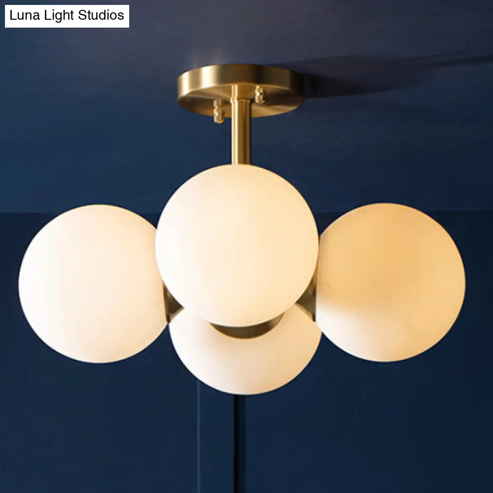 Traditional Semi-Flush Dining Room Ceiling Light With White Globe Glass Shade And Gold Finish