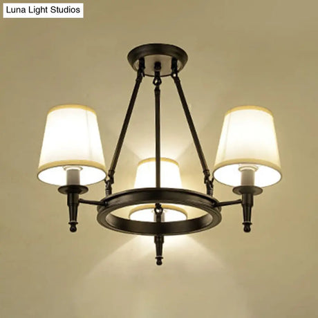 Traditional Tapered Pendant Chandelier - Fabric 3/6/8-Light Black Hanging Fixture With Wagon Wheel