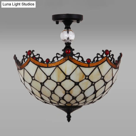 Traditional Tiffany Stained Glass Ceiling Lamp - Scalloped Semi Flush 12’ Or 16’ Bronze Finish