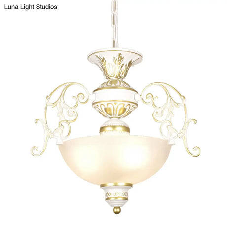 Traditional White/Black Frosted Glass Chandelier Light - 3 Bulbs Bowl Ceiling Fixture For Corridor