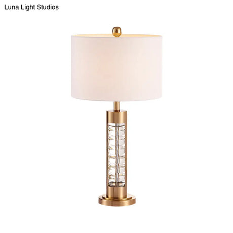 Traditional White Fabric Table Lamp With Gold Metal Base - Round Shade Nightstand Light