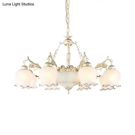 Traditional White Glass Chandelier - Flower Bud Design | Dining Room Drop Lamp 11 Lights