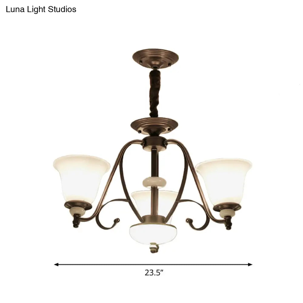 Traditional White Glass Chandelier Lamp With Dark Coffee Bell Shades - 3/6/8 Lights For Living Room