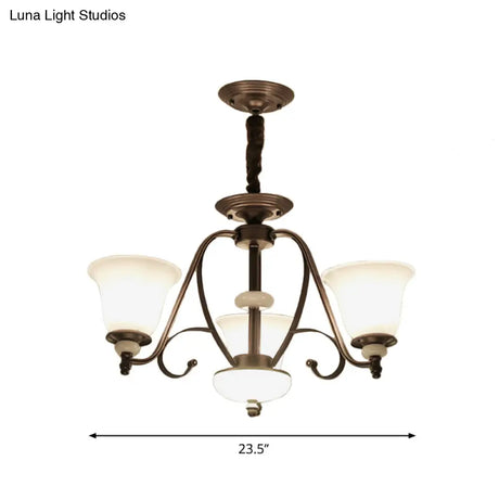 Traditional White Glass Chandelier Lamp With Dark Coffee Bell Shades - 3/6/8 Lights For Living Room