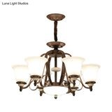 Traditional White Glass Chandelier Lamp With Dark Coffee Bell Shades - 3/6/8 Lights For Living Room
