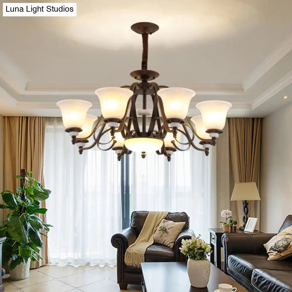 Traditional White Glass Chandelier Lamp With Dark Coffee Bell Shades - 3/6/8 Lights For Living Room