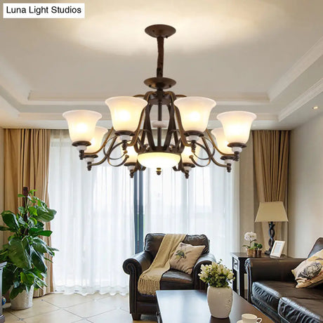Traditional White Glass Chandelier Lamp With Dark Coffee Bell Shades - 3/6/8 Lights For Living Room