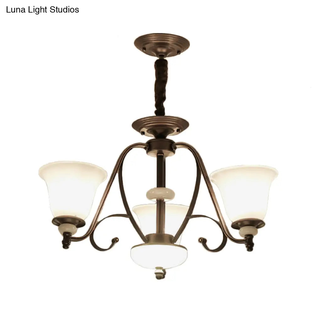 Traditional White Glass Chandelier Lamp With Dark Coffee Bell Shades - 3/6/8 Lights For Living Room
