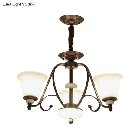 Traditional White Glass Chandelier Lamp With Dark Coffee Bell Shades - 3/6/8 Lights For Living Room