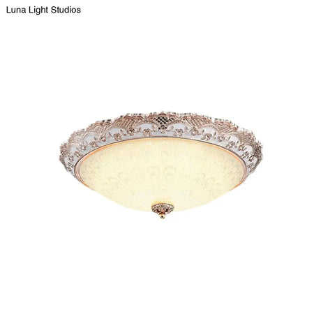 Traditional White Glass Led Flush Mount With Carved Trim – Bowl - Shaped Bedroom Beige Flushmount