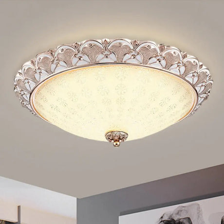Traditional White Glass Led Flush Mount With Carved Trim – Bowl - Shaped Bedroom Beige Flushmount