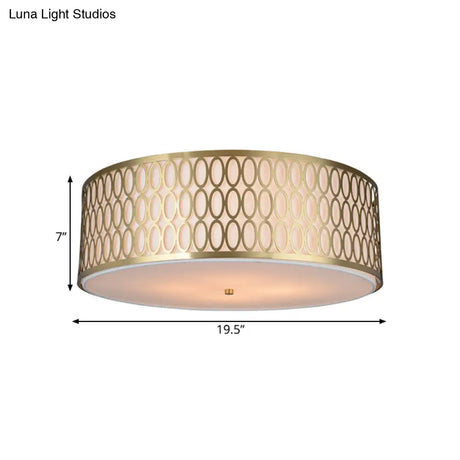 Traditional White Round Ceiling Mounted Lamp With Gold Metal Mesh Frame - 4-Light Fabric Flush