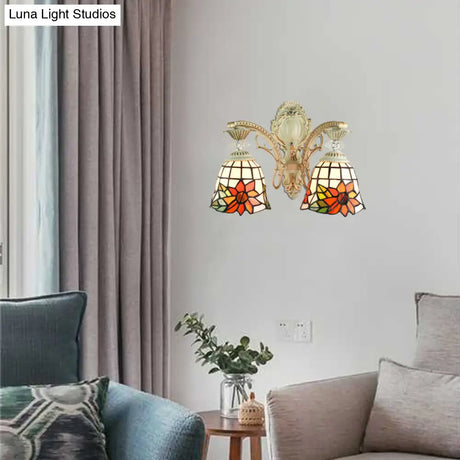 Traditional White Tiffany Wall Sconce - Bell Living Room Lamp With Sunflower Stained Glass 2 Bulbs