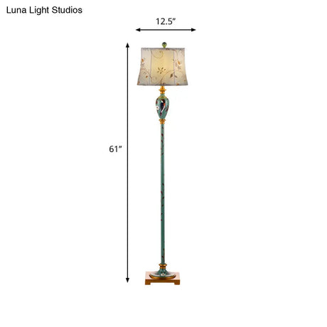 Traditional Wood Floor Lamp: Green Patterned Vase Stand With Bell Fabric Shade