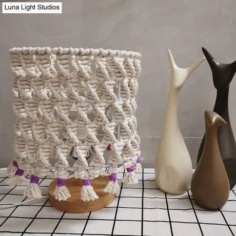 Traditional Yellow Cylinder Nightstand Night Light With Braided Rope Design - Ideal For Bedroom And