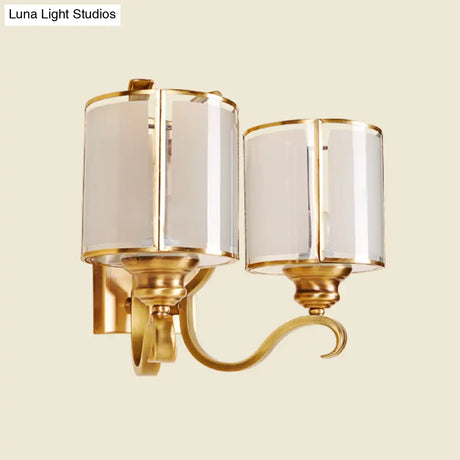 Translucent Glass Cylinder Sconce Vintage Wall Lamp Fixture With Curved Arm - Gold 1/2-Light Corner