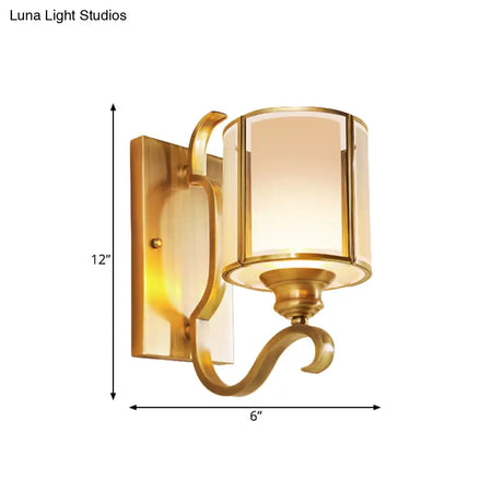 Translucent Glass Cylinder Sconce Vintage Wall Lamp Fixture With Curved Arm - Gold 1/2-Light Corner