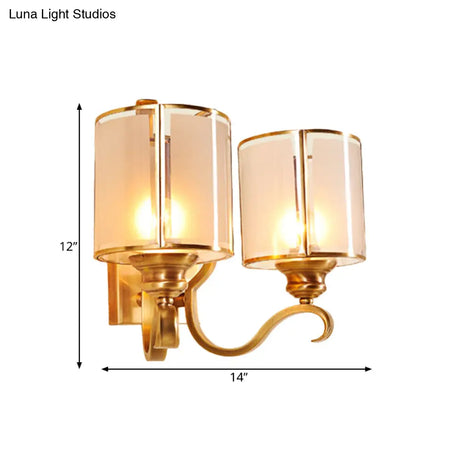 Translucent Glass Cylinder Sconce Vintage Wall Lamp Fixture With Curved Arm - Gold 1/2-Light Corner
