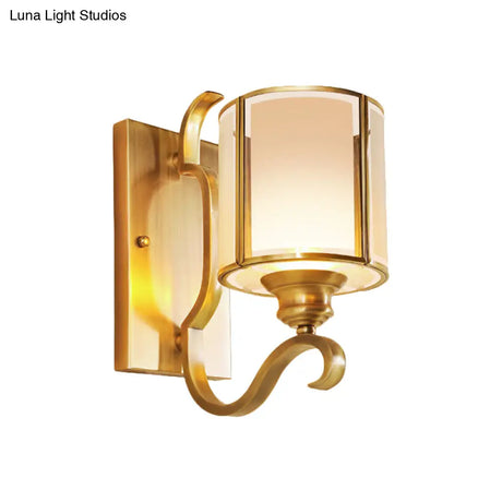 Translucent Glass Cylinder Sconce Vintage Wall Lamp Fixture With Curved Arm - Gold 1/2-Light Corner