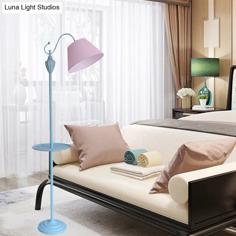 Truncated Cone Shade Floor Lamp In Macaron Fabric - Pink/Blue/Yellow | 1 Bulb Storage Tray Ideal For