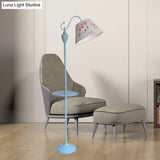 Truncated Cone Shade Floor Lamp In Macaron Fabric - Pink/Blue/Yellow | 1 Bulb Storage Tray Ideal For