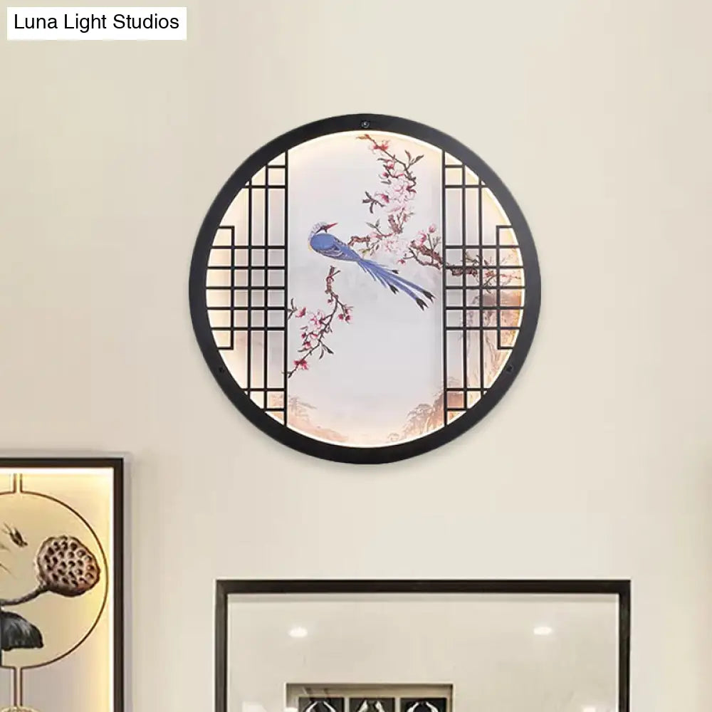 Ultrathin Chinese Led Bedroom Wall Art - Round Bird And Flower Branch Design In Black