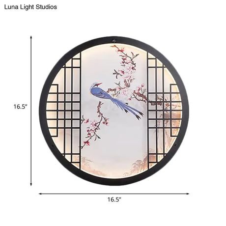 Ultrathin Chinese Led Bedroom Wall Art - Round Bird And Flower Branch Design In Black