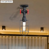Valve Nautical Style Cage Metal Semi Flush Light - 1 Living Room Ceiling Fixture In Black/Bronze